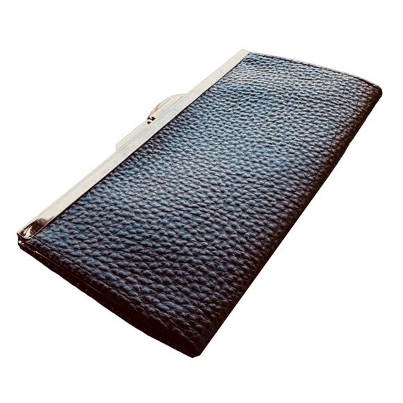 Vintage Black Faux Leather Boxed Framed Wallet Clutch 7”x 3.5” Pebbled - Picture 3 of 5